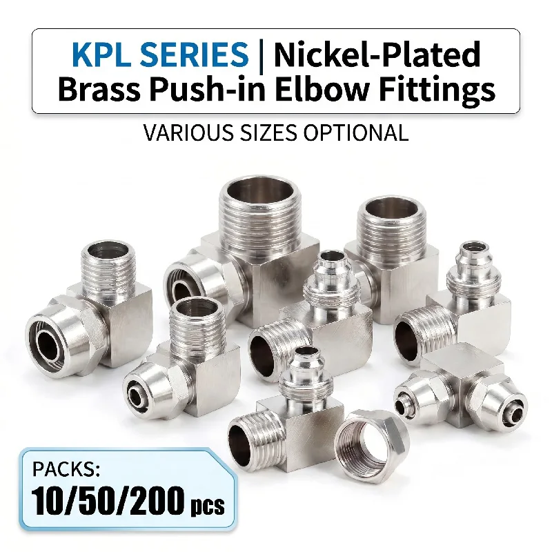 KPL Nickel-Plated Brass Pneumatic Connector Elbow L-Type Push-in Fitting M5 1/8 1/4 3/8 Air Pipe Quick Joint 4-16mm 10-200PCS