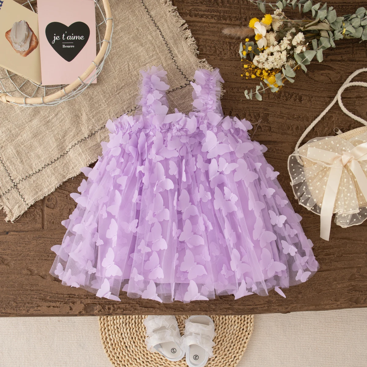 Baby Girl Dress Summer Full Print Butterfly Halter Solid Color Fluffy Girl Kid's Dress Cute Casual Beach Kids' Clothing