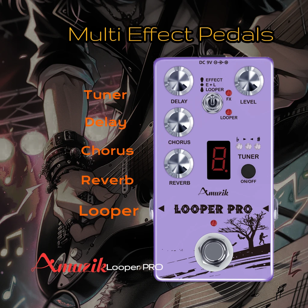 Amuzik Looper Pro Multi-Effect Guitar Pedal Bass Pedal with Reverb Chorus Delay Tuner Looper Effects Combination  RE-V5