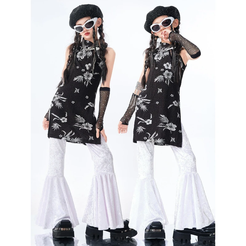 

Костюм для джазовых танцев для девочек: черный топ-ципао, белые расклешенные брюки, одежда для уличных танцев и выступлений в стиле хип-хоп