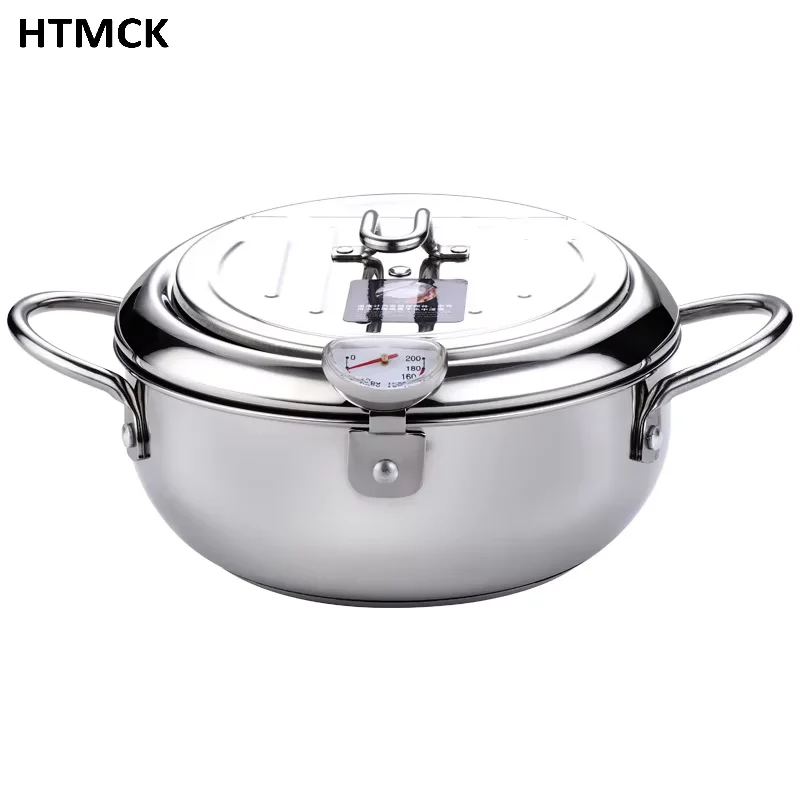 304 Stainless Steel Tempura Deep Fryer Pan Japanese Style Frying Pot with Thermometer Lid 20cm 24cm Kitchen Cookware