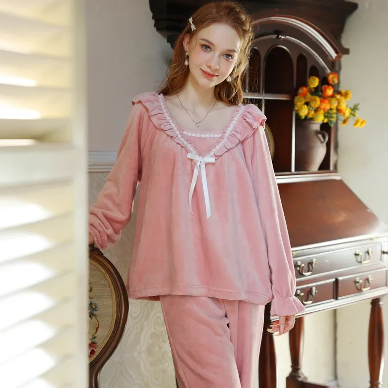 Sleepwear Women\'s Clothes Suits Winter New Thick French Home Simple Soft Cozy Casual Breathable Slim Loose Fit  Airy Warm Sweet