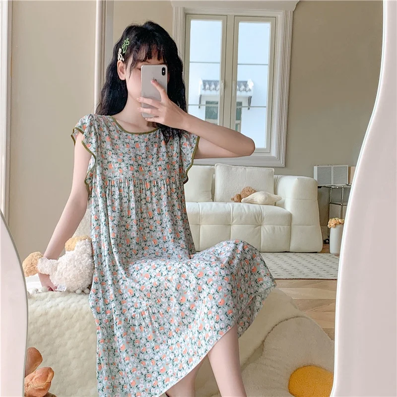

Summer Thin Cotton Silk Sleep Dress Women's Loose Fit round Neck Artificial Cotton Pajamas Home Clothes Cotton Skirt