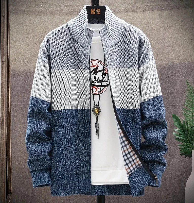 

Men's Winter Sweater Coat Thick Warm Knit Cardigan Slim Fit Patchwork Stand Collar Zipper Casual Fashion