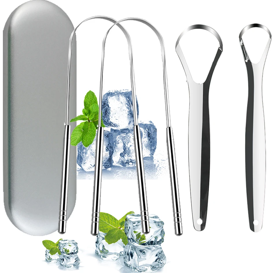 

U-образный скребок для языка из нержавеющей стали, 4 предмета, для чистки полости рта, дезодоратор для взрослых, семейный набор с железной коробкой