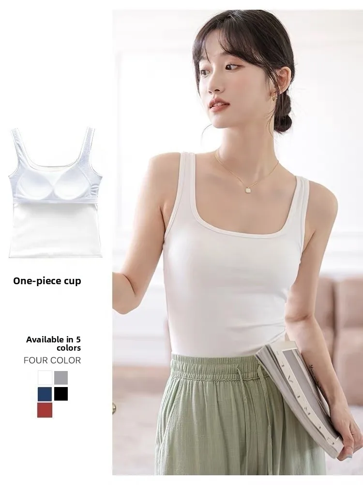 Women's Summer Sleeveless Tank Top 95% Cotton Strap Vest with Chest Pad Work Letter Large Size Outdoor Wear Slim Fit Base Layer