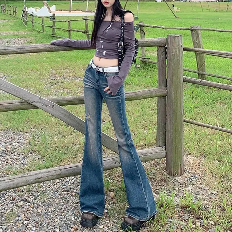 

Retro Hong Kong Washed Denim Jeans High Waist Women's Spring Autumn Casual Versatile Slimming Long Pants Floor-Length