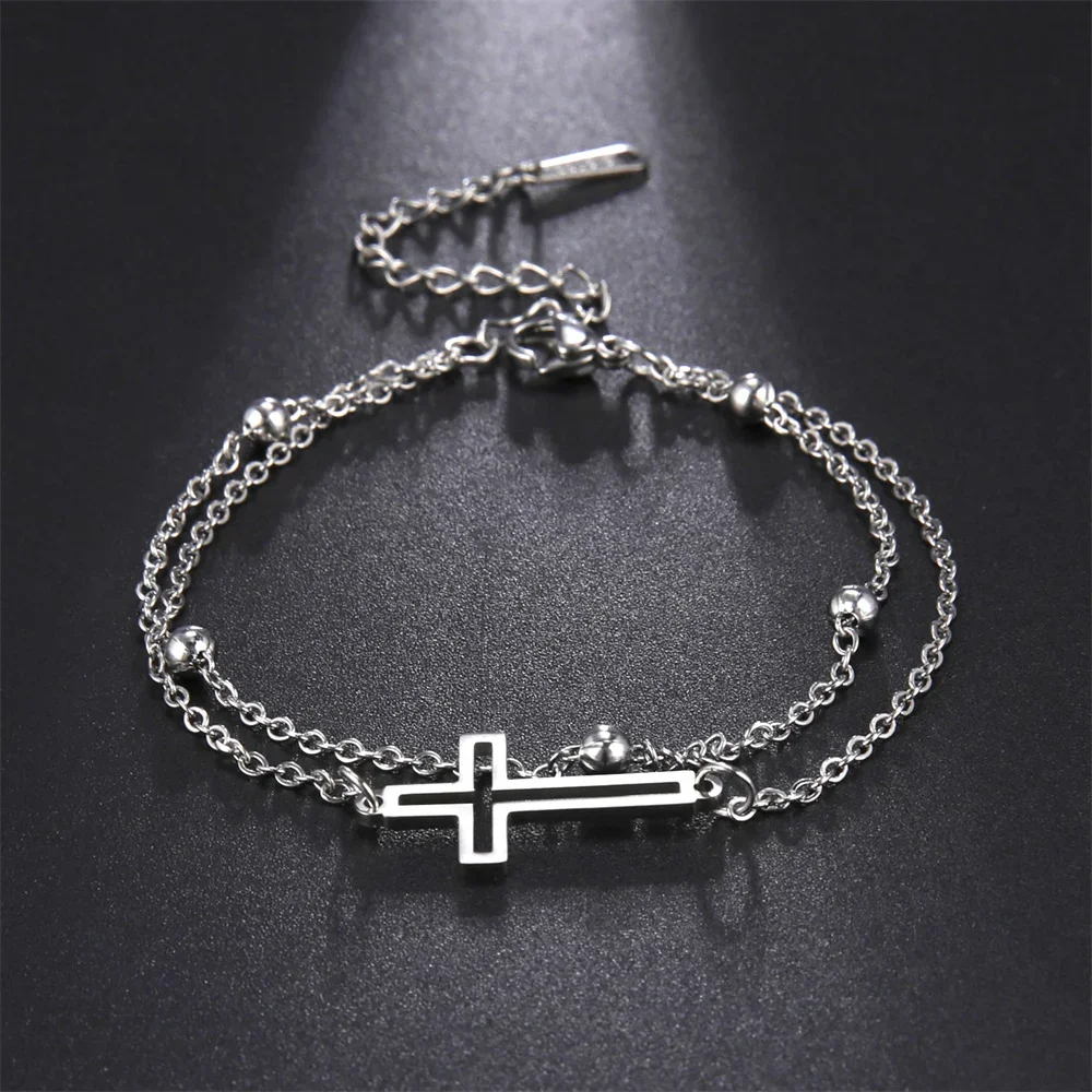 Skyrim Bohemia Cross Pendant Ankle Bracelet Fashion Foot Jewelry for Women Summer Beach Party Stainless Steel Bead Chain Anklet