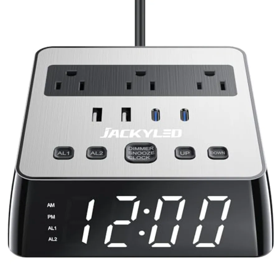 

Alarm Clock with USB Charger Power Strip Total 4.8A USB Ports LED Full Screen Surge Protector 6.5ft Cord 4 Dimmer for Heavy Sle