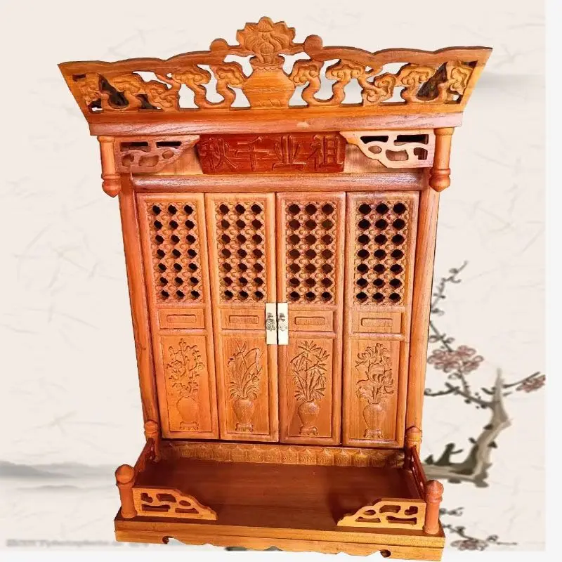 Antique Buddhist niche with door tablet, niche solid wood carved ancestral niche hanging cabinet