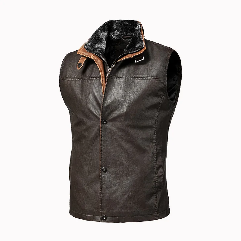 

2025 Man Leather Vest Autumn Fashion Vintage Stand Collar Zipper Male Cargo Waistcoat Sleeveless Waterproof Loose Men Coat