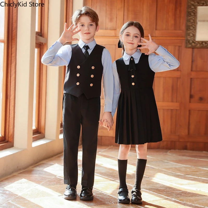 Boys Solid Shirt Vest Suit Pants Girls Waistcoat Skirts Kids British Student Clothes Set Formal Dress Suits Child School Uniform