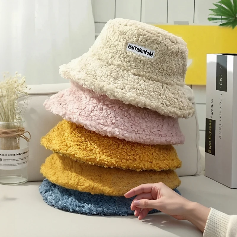 Autumn and Winter Korean-Style Lamb Wool Bucket Hat, Japanese-Style Versatile Retro Cute Girl Student Warm Hat, Internet-Famous