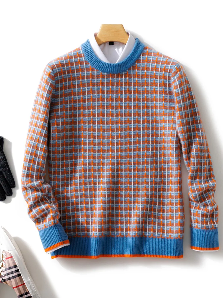 Men Wool Pullover O-neck Sweater Cashmere Autumn Winter Checkered Jacquard 100% Merino Wool Knitwear Long Sleeve Clothing Tops
