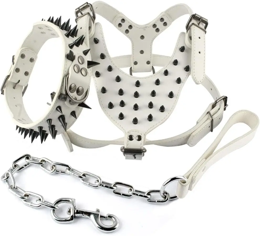 

Spikes White Leather Dog Harness Collar and Leash Set Heavy Duty for Boxer