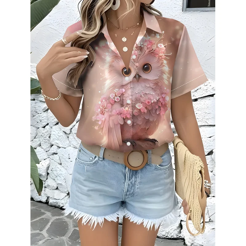 Soft Pink Dreamy Owl Print Short Sleeve Shirt Women's Light Mature Sweet Aesthetic High-end Gentle Casual Button-Down Shirt