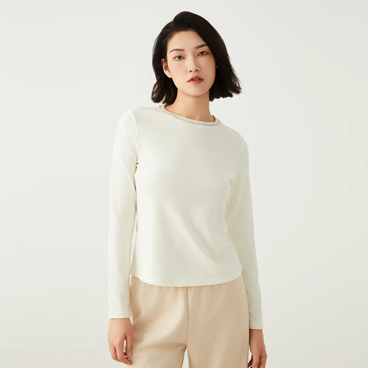 K2565W Tencel wool base layer shirt round neck white long sleeve thin t-shirt high quality women