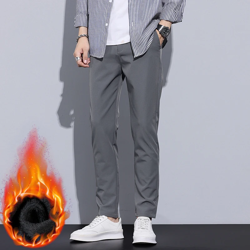 スリムメンズフリースカジュアルパンツ冬新作厚手プラッシュおしゃれ韓国風フットパンツフリース男性用暖かいビジネスパンツ