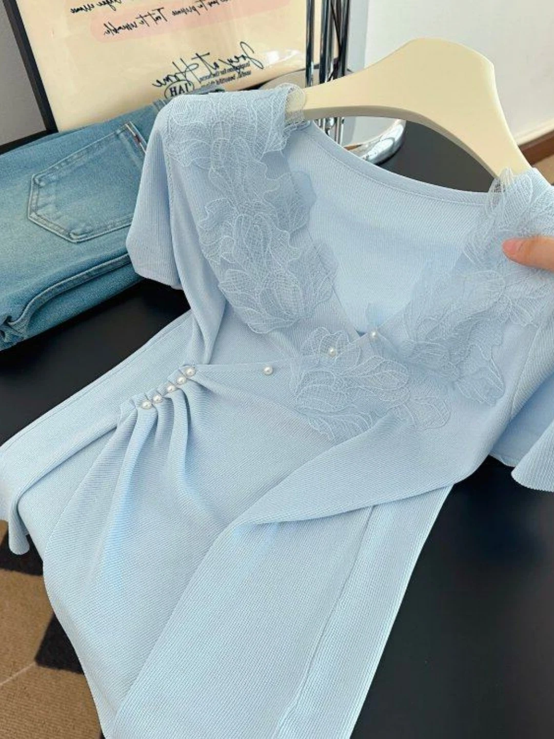 

Summer New Design Women's Soft Style Lace V-neck Short Sleeve Knitted Top Slimming Waist Effect Korean Style Tight Fit Cotton