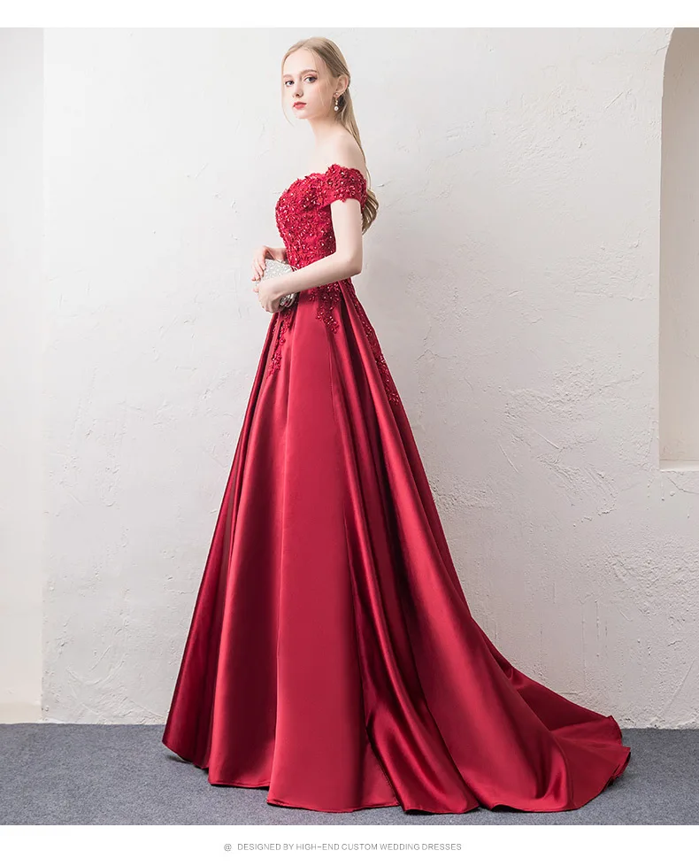 Burgunderrotes schulterfreies Abendkleid aus Satin mit Spitzenapplikationen, A-Linie, Hofschleppe, langes formelles Ballkleid, Partykleid für Hochzeitsgäste – Detail 12