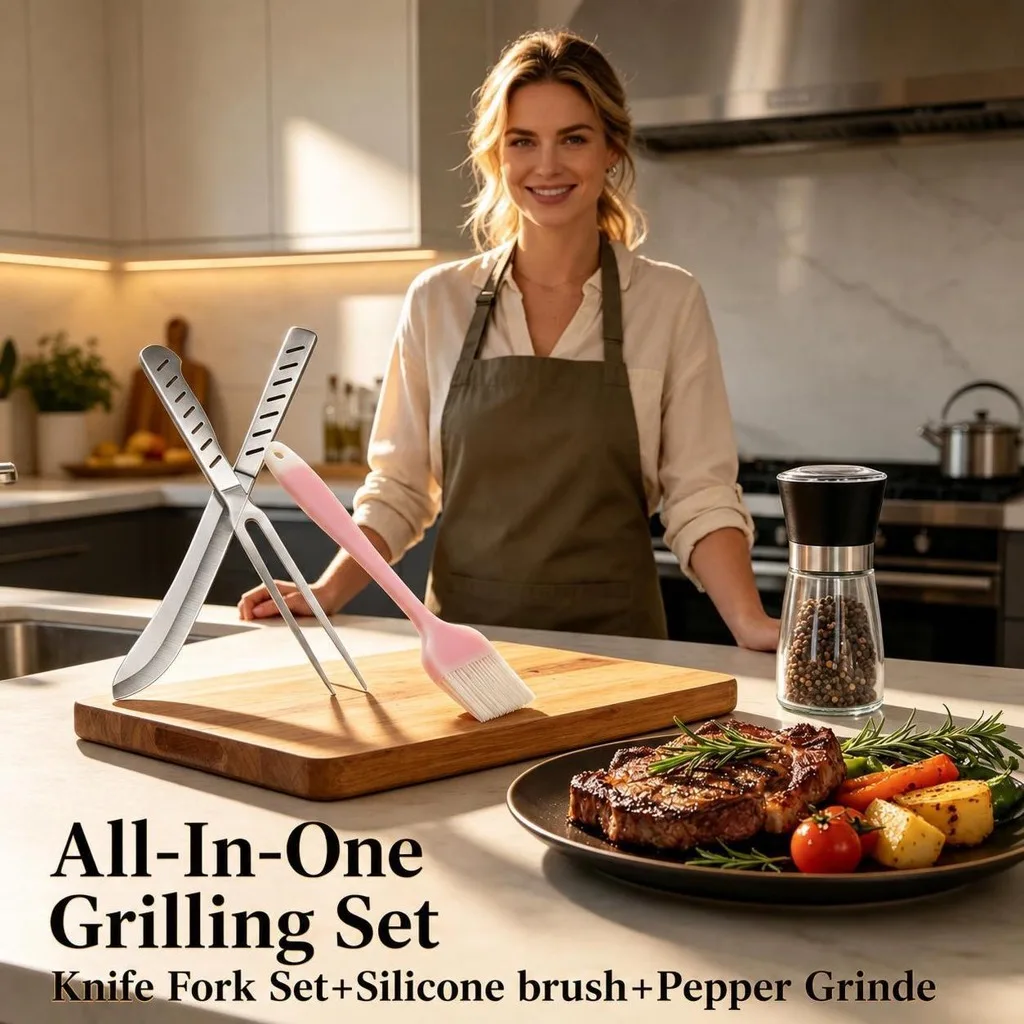 All-In-One Grilling Set,Knife & Fork Set,Silicone Brush,Pepper Grinder,Lengthened and Thickened for Roast Leg of Lamb Set