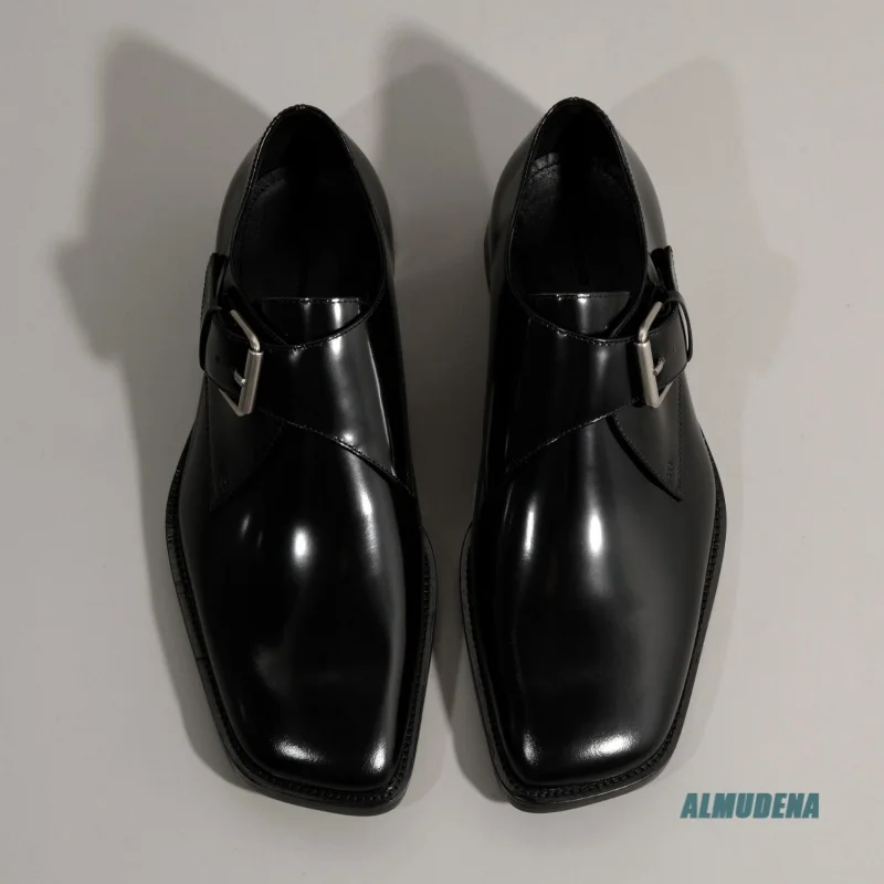 Slanted Square Toe Men's Black Polished Leather Dress Shoes Fashion Low Heel Formal Business Office Wedding Party Shoes