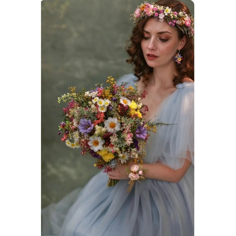 3PCS/Wildflower Wedding Accessory Set – Flower Crown, Bracelet & Earrings for Bride, Boho Mexican Floral Headpiece/Lightweight