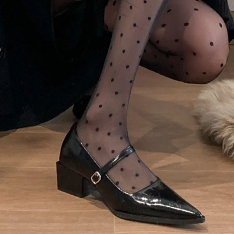 2024 Designer Black Thick Heel Mary Jane Shoes Women\'s Shoes New Versatile Pointed Shallow Mouth High Heels Commuter Shoes