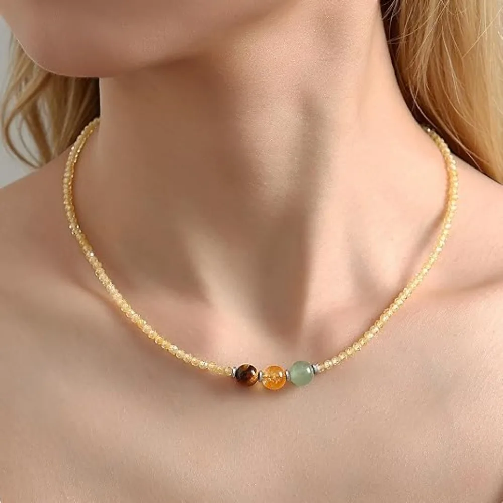 Natural Gemstone Crystal Necklace Anxiety Relief Triple Protection Beaded Choker New Beginnings Healthy Pregnancy