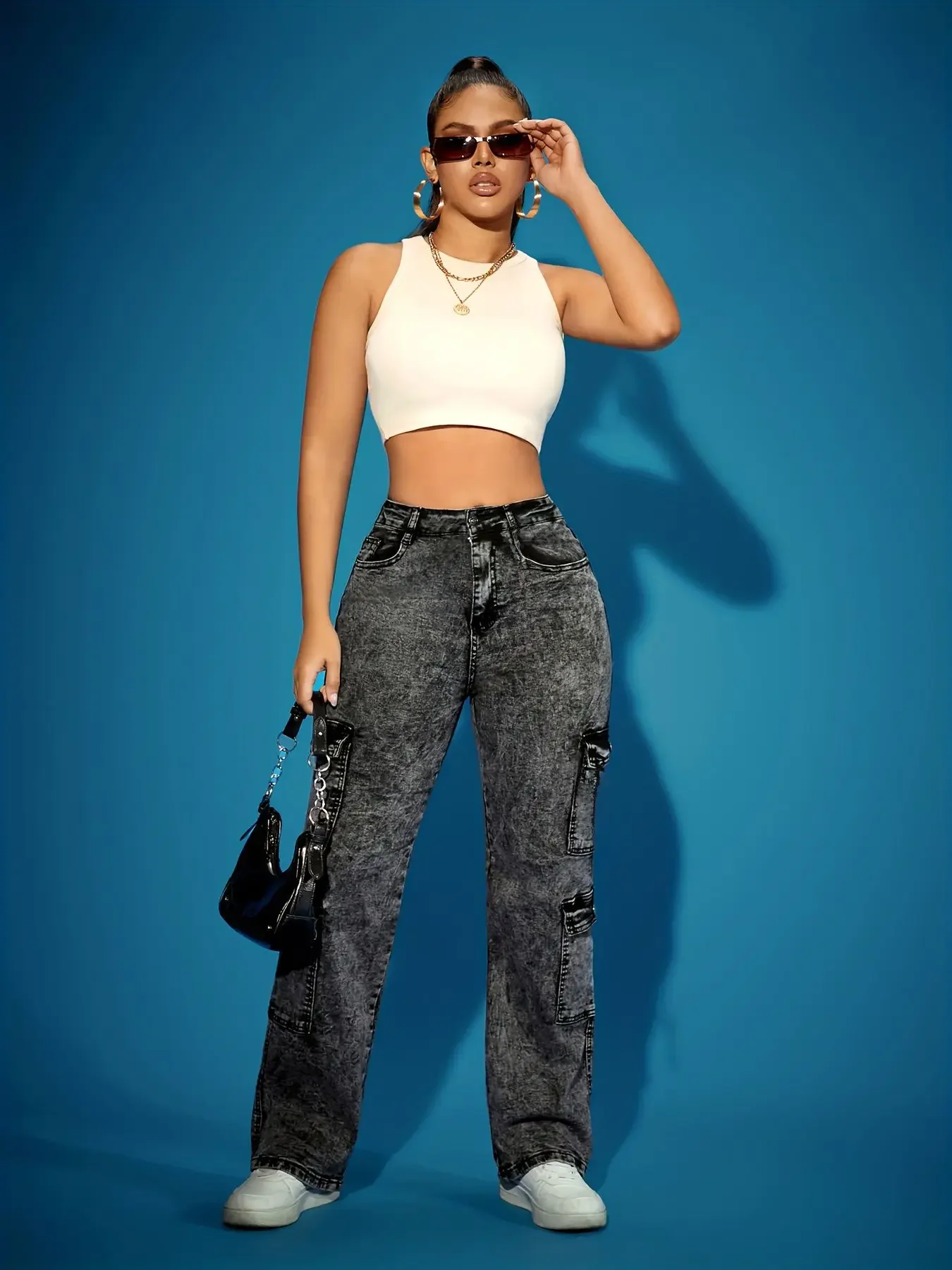 Y2K Baggy-Cargohose mit hoher Taille für Damen, Stretch-Denim-Hose mit mehreren Taschen, lässige Vintage-Streetwear