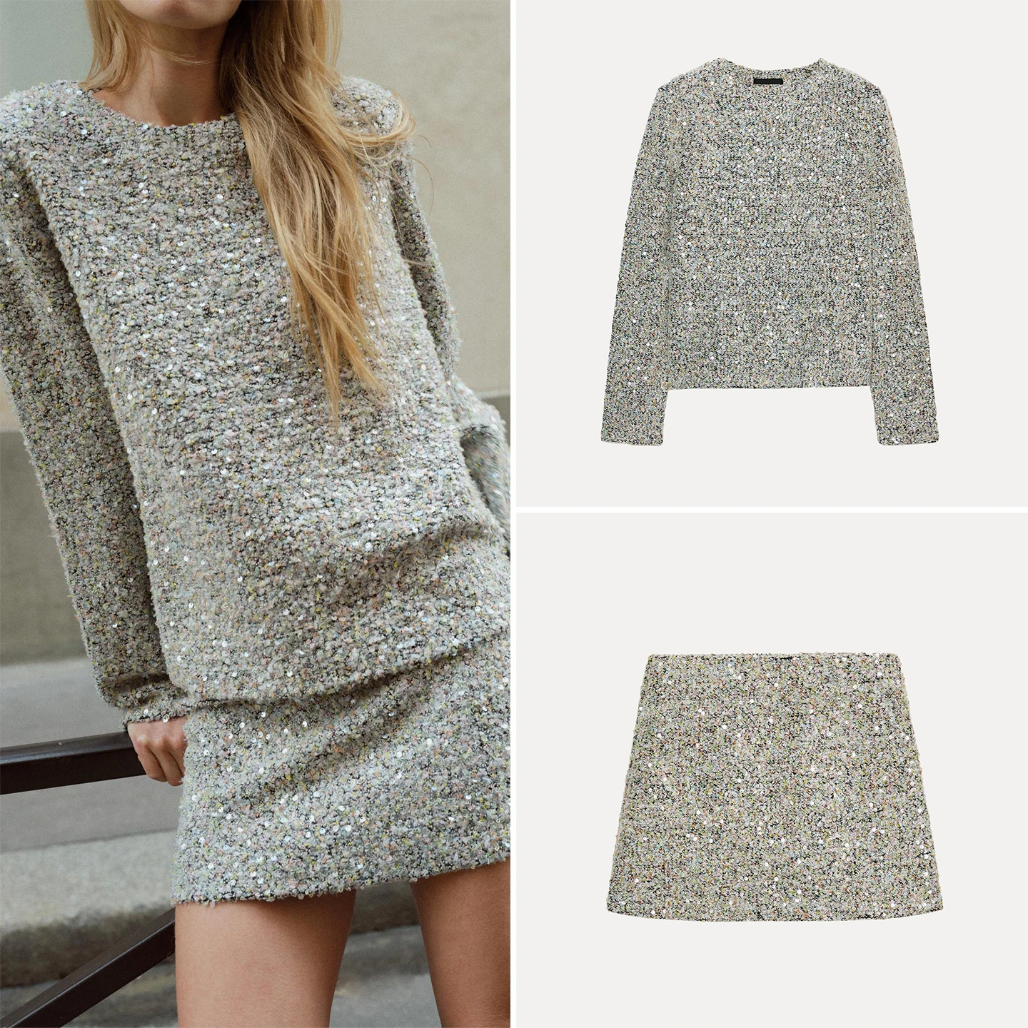 

Новинка осени 2025: Женский комплект из топа с длинным рукавом и пайетками и короткой юбки с высокой талией, европейский стиль, круглый вырез, на четыре сезона.