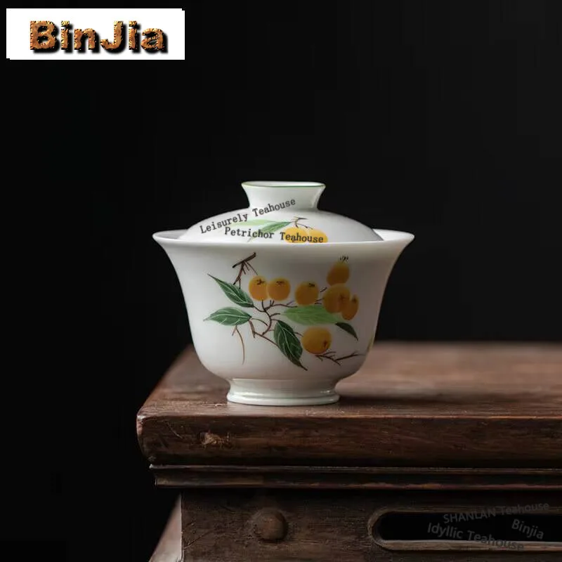 

110ml Jade Porcelain Handmade Cover Bowl Household Hand-painted Loquat Gaiwan Retro Anti Scald Tea Brewing Tableware Ornaments