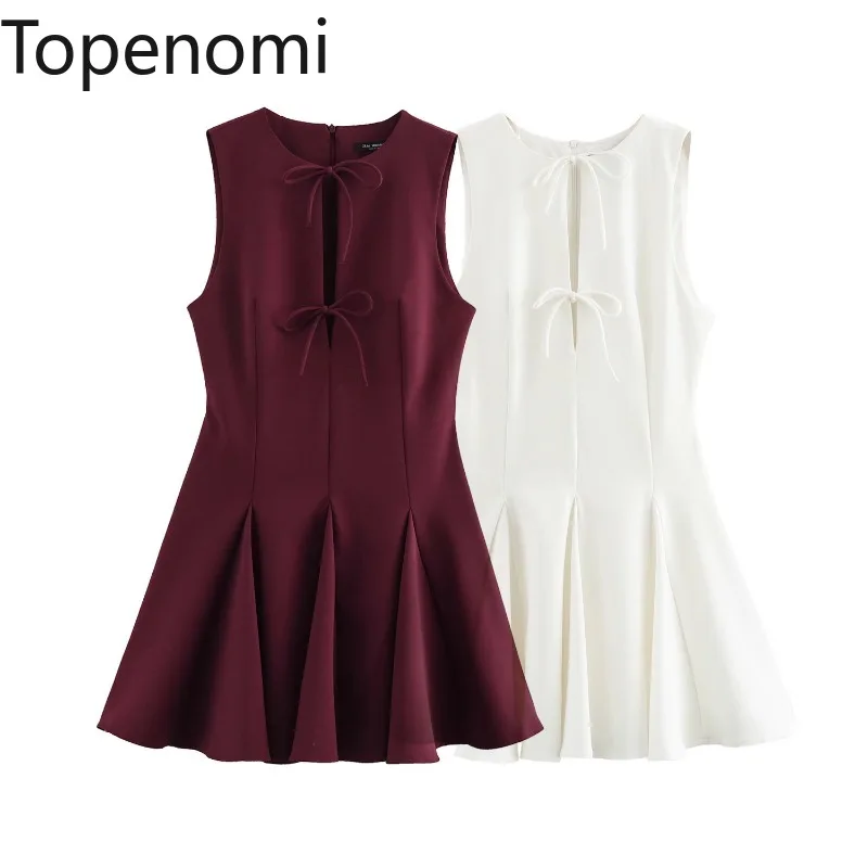 Topenomi Elegant Party Dress Women Sweet Hollow Out Bow Waist Pleated A Line Short Dresses French Fashion Sleeveless Vestidos