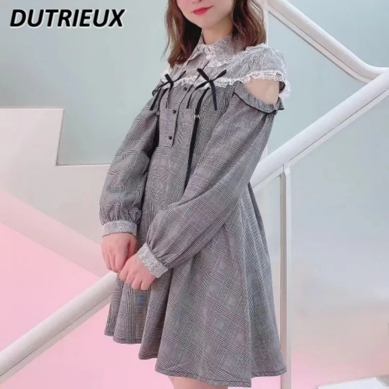 Japanese Mine Style Mass-Produced Slim Fit Long Sleeve Dress Cute Sweet Off-the-Shoulder Plaid Lace Short Dress for Women