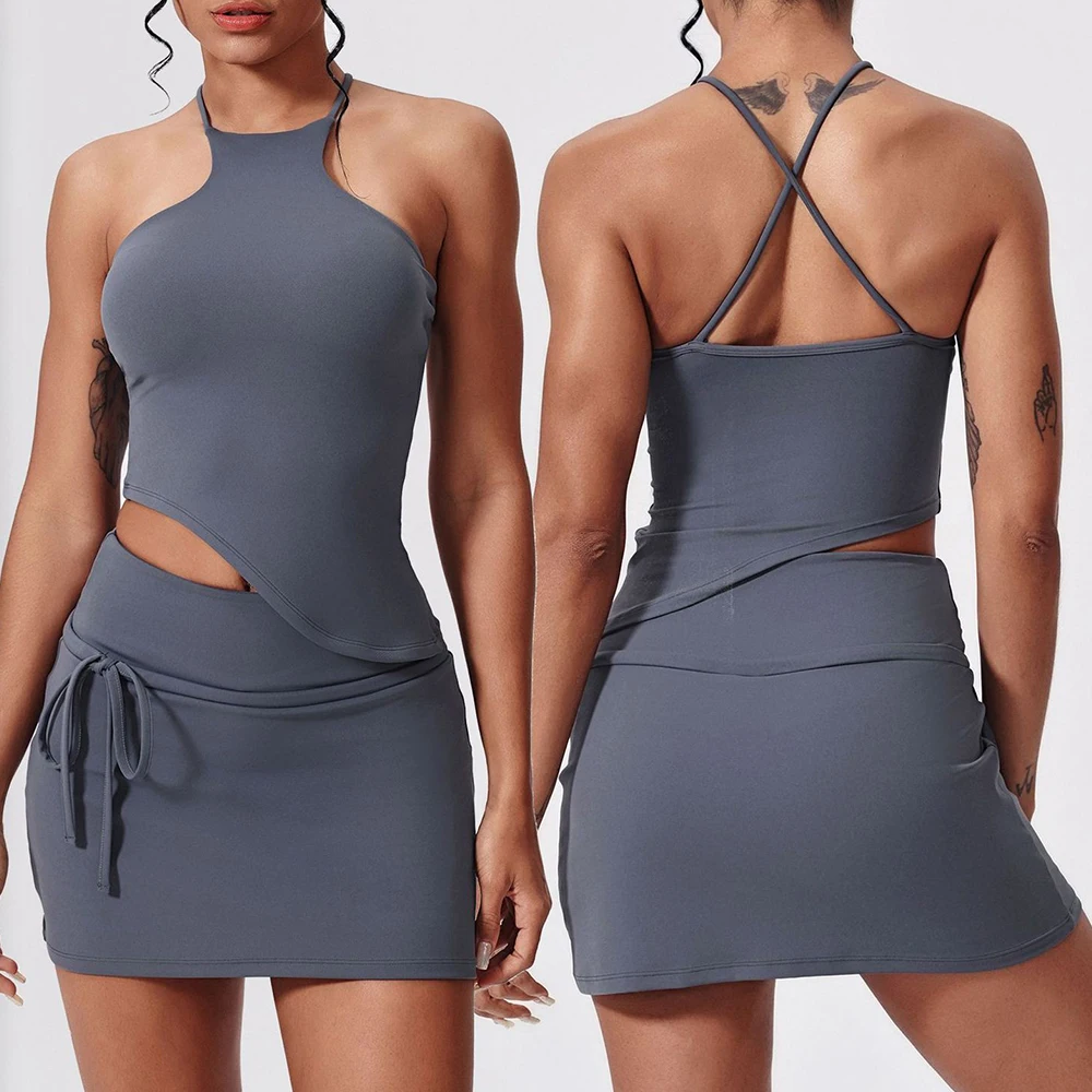 

2PCS Yoga Skirt Set Women Tracksuits Workout Set Sportswear Gym Clothing Fitness Vest Crop Top Dance Tennis Skirt Sports Suits
