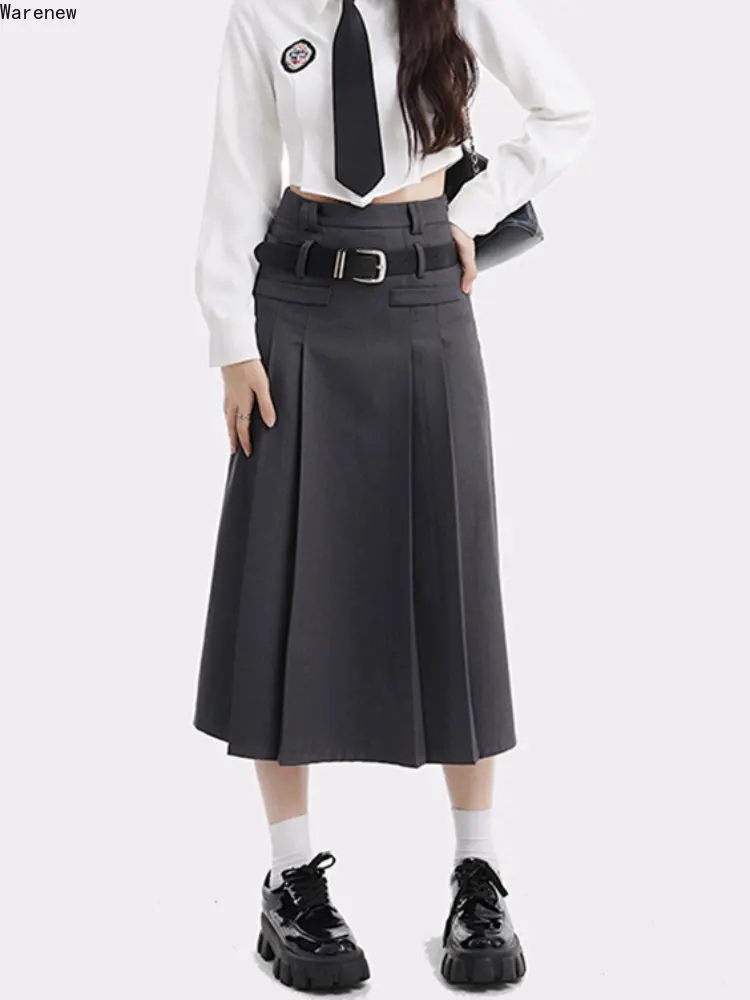 Women Harajuku Vintage High Waist Pleated Grey Long Skirts 2023 Autumn and Winter Fashion Preppy Style A-Line Pleated Skirt