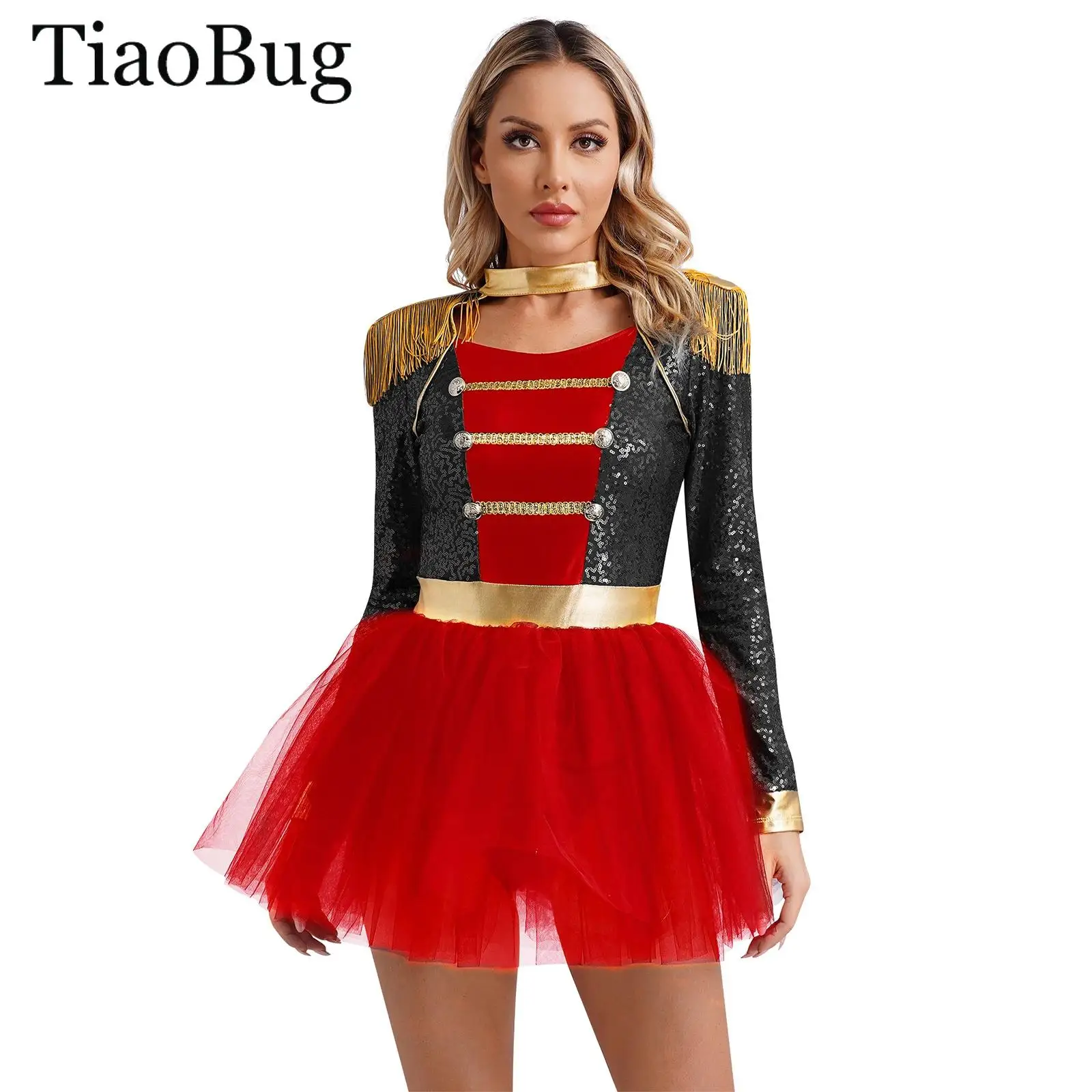 

Womens Circus Ringmaster Costume Halloween Lion Tamer Cosplay Long Sleeve Tassel Shoulder Sequin Tulle Skirt Leotard Tutu Dress