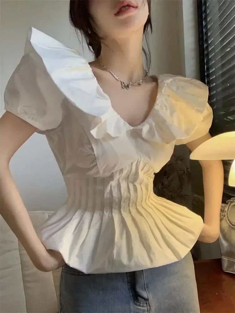 Корейская женская черная эластичная тонкая рубашка Tenperament, укороченный топ Blusas, летняя сексуальная женская блузка с пышными рукавами и вырезом на шее, минималистичная блузка