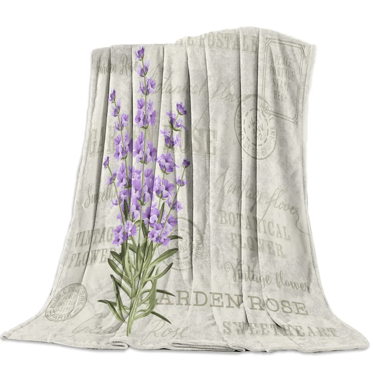 Manta de franela para cama y sofá, colchas de felpa divertidas con flores de lavanda, hojas púrpuras, palabra en inglés, suave y portátil