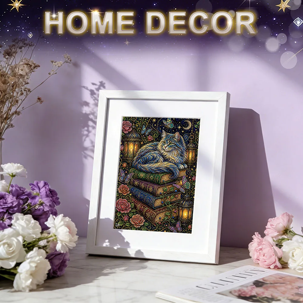 HUACAN 5D Diamantmalerei Katze Tier Heim Wandkunst Deko Mosaik 5D Rosenblüten Buch DIY Handarbeiten Komplettset Kunst – Detail 4