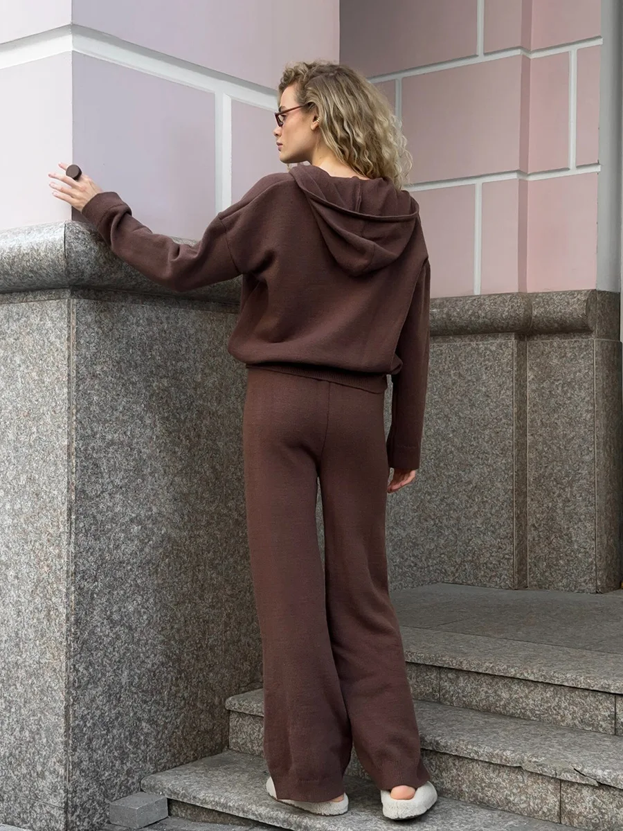 LIinar Zipper Hooded Cardigan Set Women Fall Winter 2026 Knit Cardigan Wide-Leg Pants Casual Loose-Fitting Solid-Color Knit Set