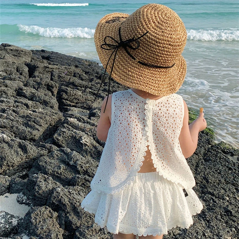 Girls Summer Clothing Sets Hollow Lace Suit Baby Casual Sleeveless T-shirt+Shorts Kids Clothing Sets