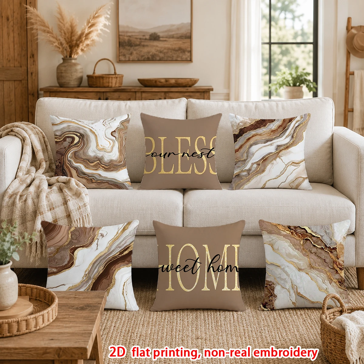 6pcs Brown Gold Marble Print Pillow Covers Set of 6 Sweet Home Bless Our Nest Decorative Throw Pillow Cases for Sofa Couch
