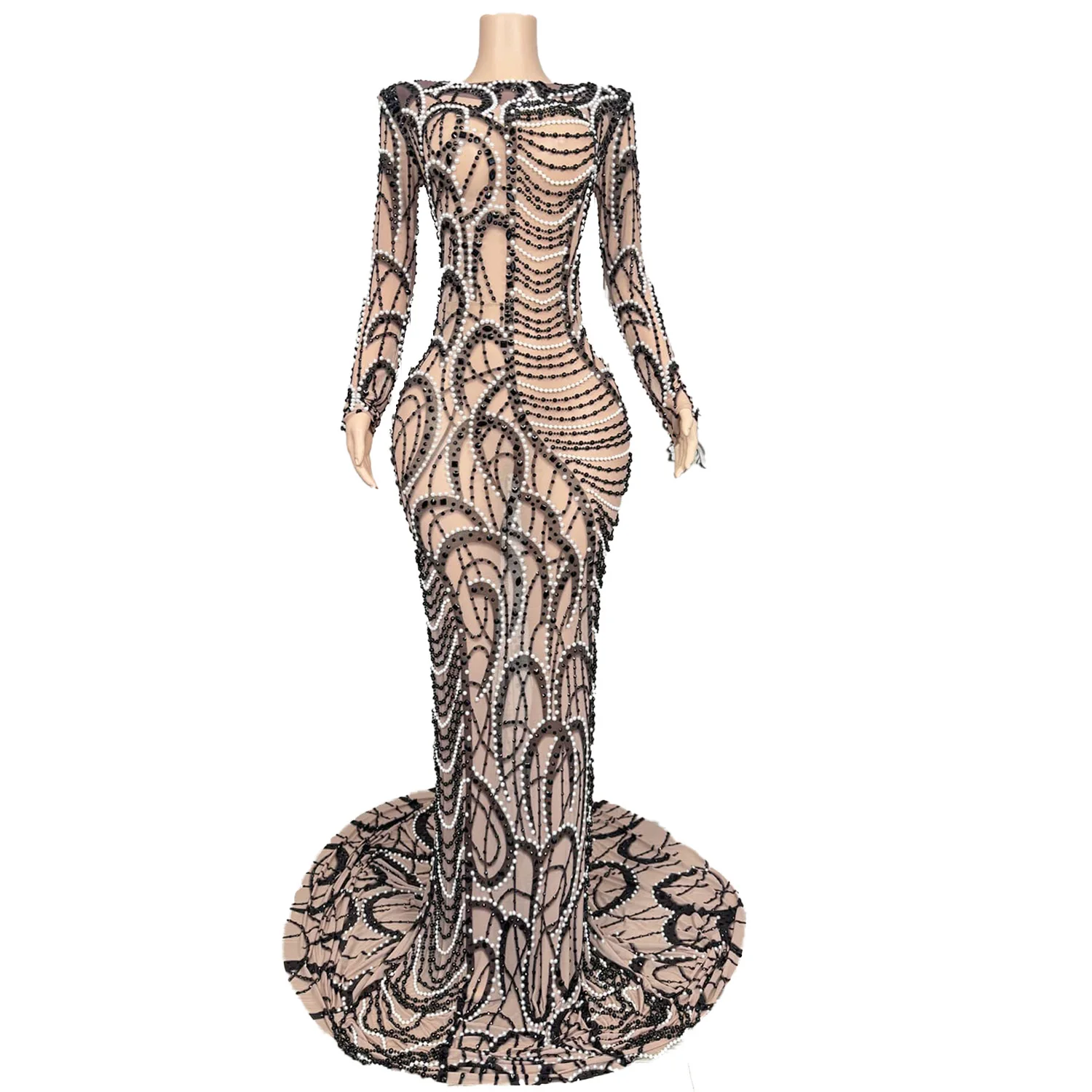 Design Sense Women's Party Evening Dress Black White Double Color Pearl Sexy Mesh Perspective Celebrity Red Carpet Dress yueshi