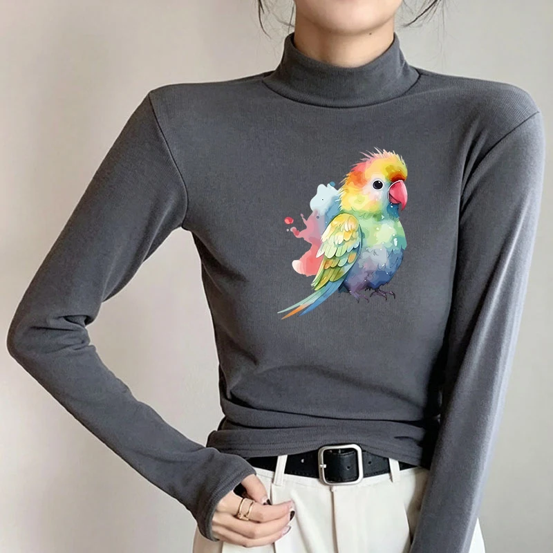 Winter Women's Thermal Brushed Fleece Half Mock Neck Long Sleeve T Shirt Rainbow Parrot Watercolor Graphic Warm Tee