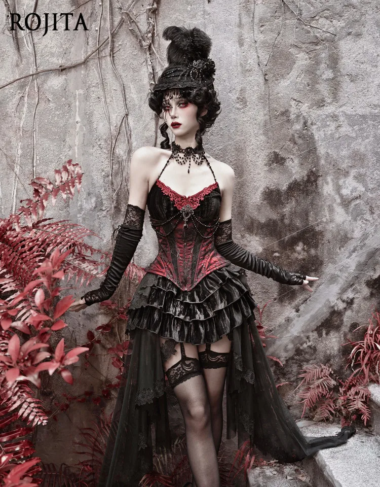 Gothic Black Crushed Velvet Tier Ruffle Mini Skirt Women Floral Lace Irregular Asymmetrical Mesh Drape High Low Skort