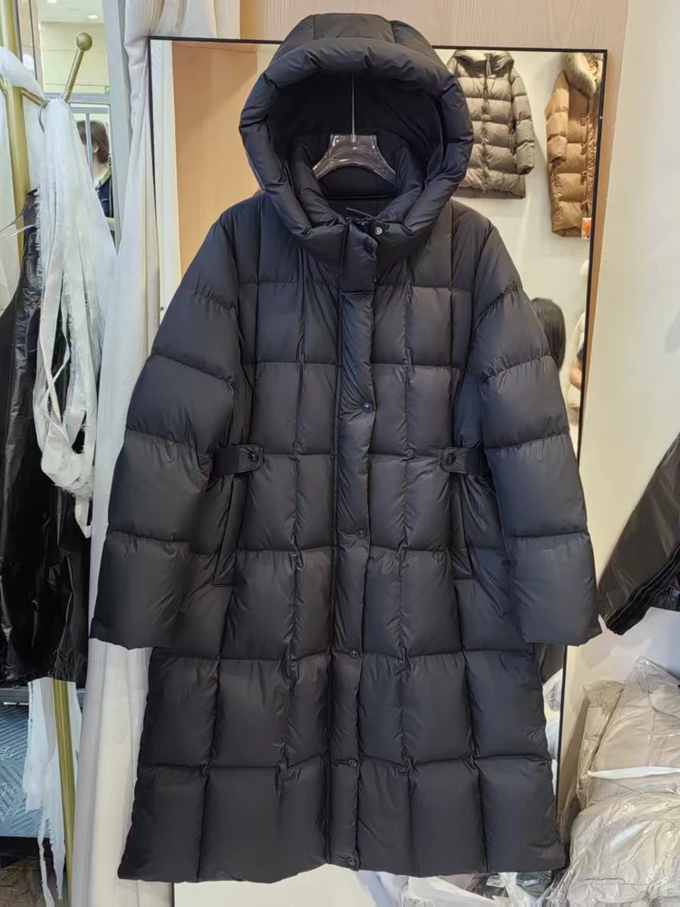 Feminino meados de longo cruz joelho com capuz jaqueta versão coreana 2025 inverno novo fino e grosso pato branco para baixo casaco