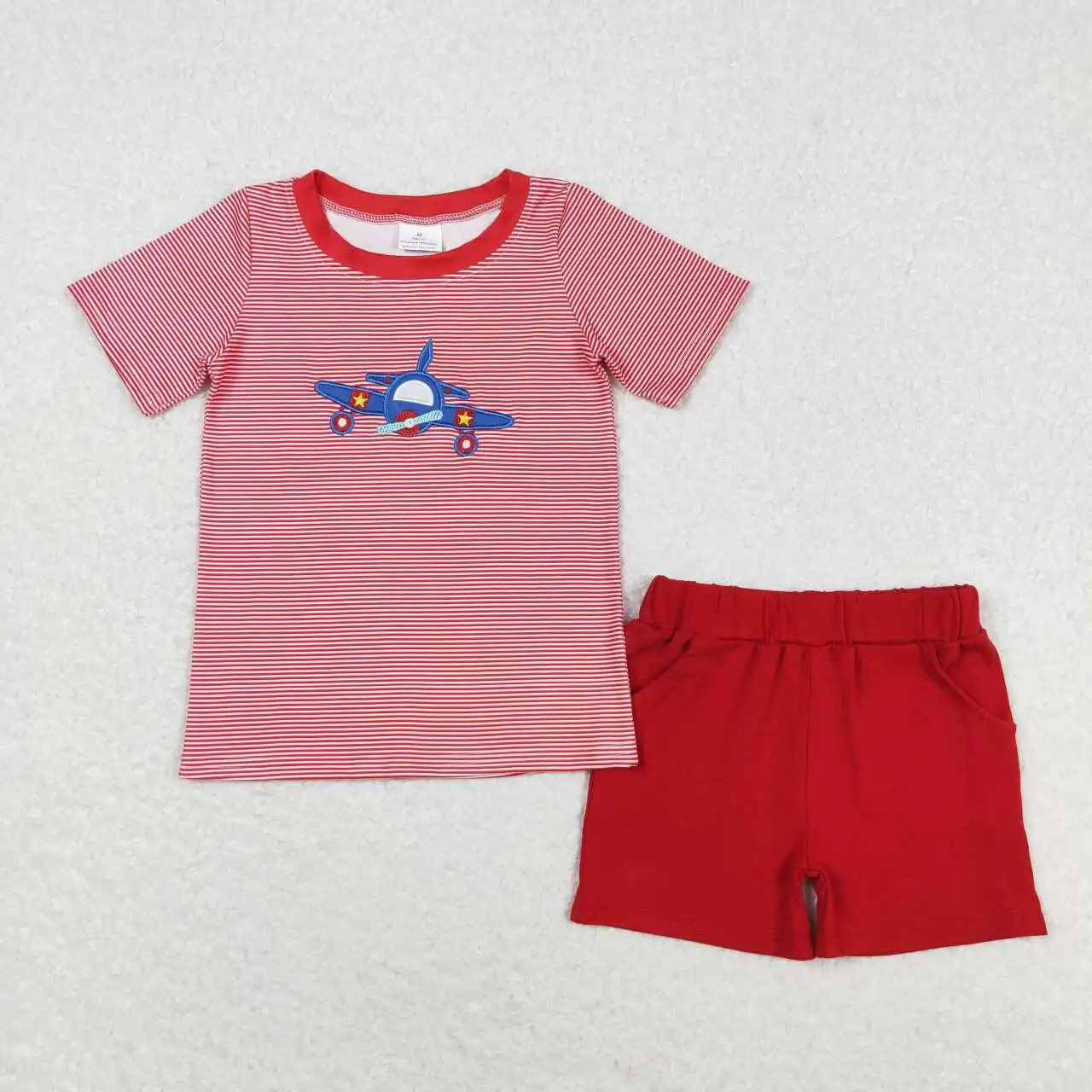 Wholesale Toddler Yellow Short Sleeves Cotton Plane T-shirts Kids Plaid Shorts Outfit Children Embroidery Summer Sets