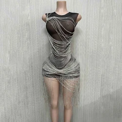 New Design Shiny Diamond Chain Sexy Black Perspective Mesh Beaded Dress Mini Women's Party Body Transparente Flecos Prom Dress