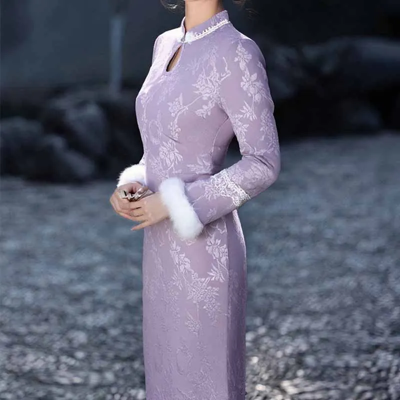 Women Thicken Qipao Purple Autumn Winter Winter Cheongsam Mandarin Collar Print Flower Chinese Dress Elegant Banquet Vestidos